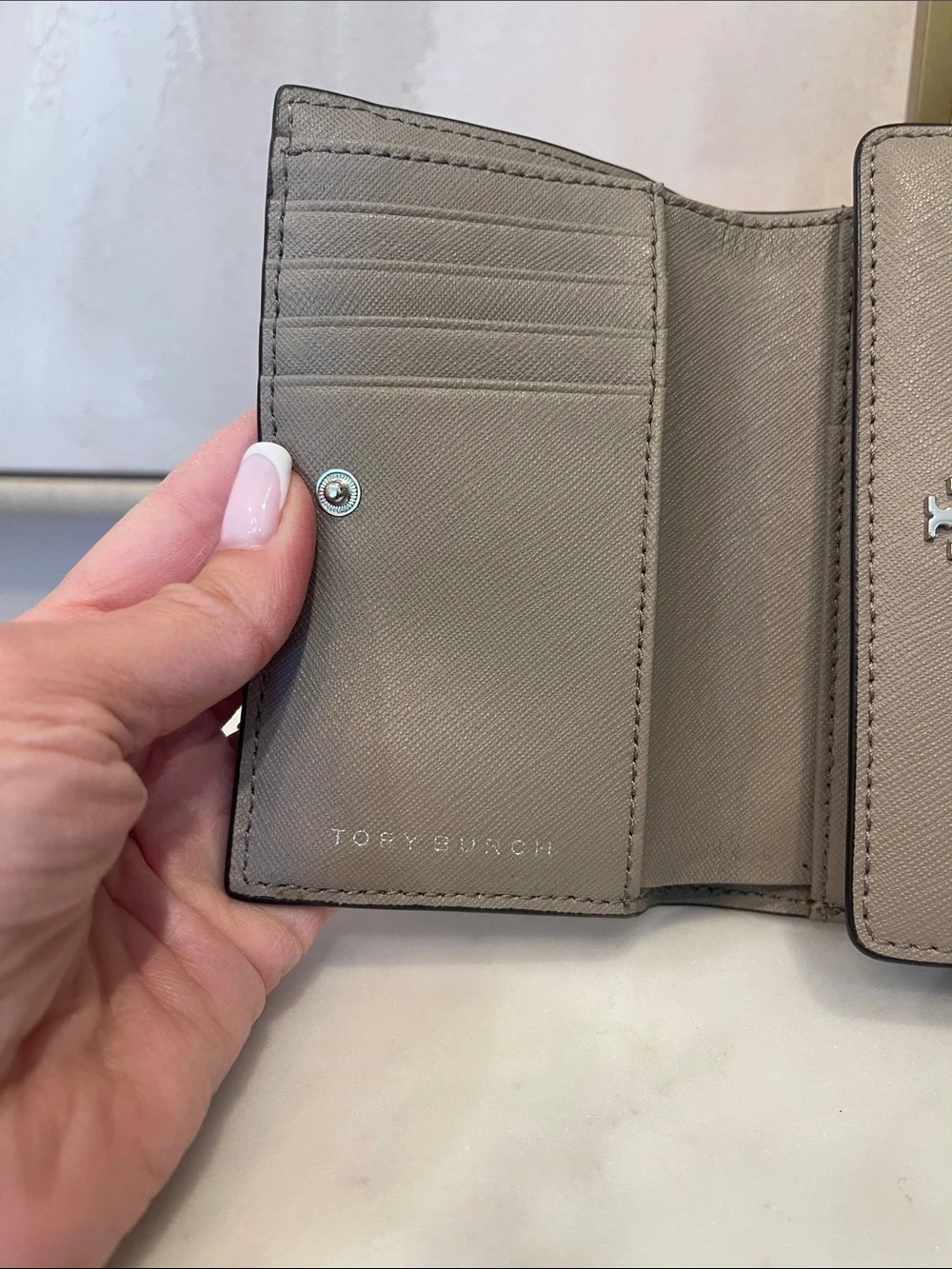 Tory Burch Taupe Trifold Wallet with Logo